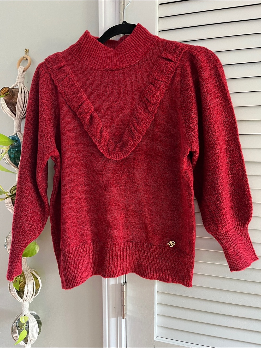 Adrienne Vittadini Red Ruffle-Trim Turtleneck Sweater